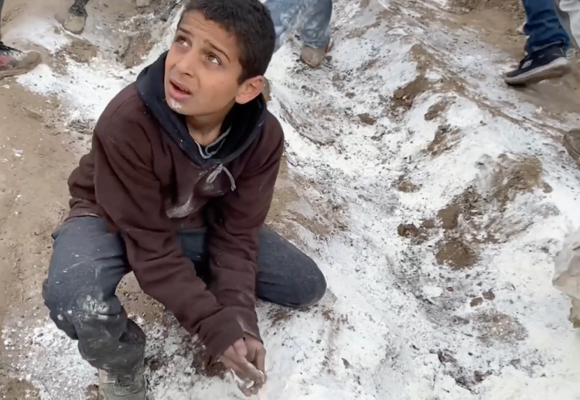 Seorang anak Gaza memilah bantuan tepung, yang sudah tercemar. (DaysofPalestine)
