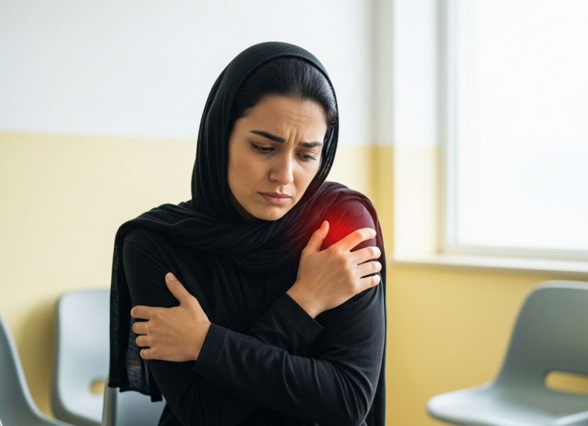 Ilustrasi, seorang wanita mengalami frozen shoulder. (AI)