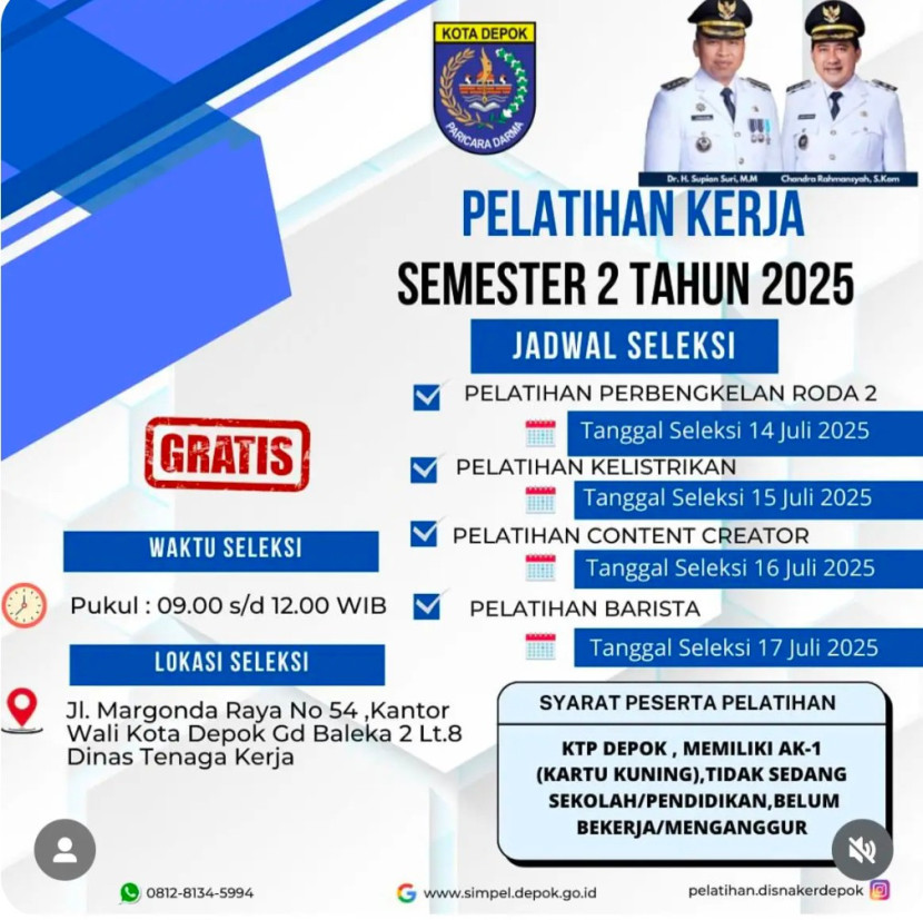 Flayer pelatihan kerja semester 2 Disnaker Kota Depok. (Foto: Dok RUZKA INDONESIA)