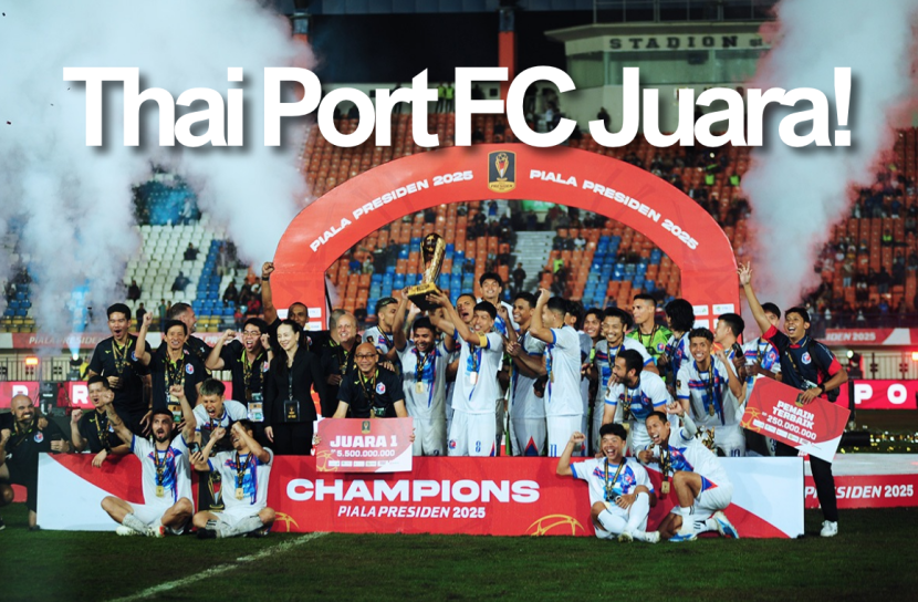 Selebrasi Tim Thai Port FC setelah berhasil menjadi juara turnamen pramusim Piala Presiden 2025 di Stadion Si Jalak Harupat, Kabupaten Bandung, Ahad (12/7/2025). KANGJEPRET/YOGIARDHI, (Data teknis: Nikon D700, Nikkor 80-200/2.8 ED 3rd GEN).