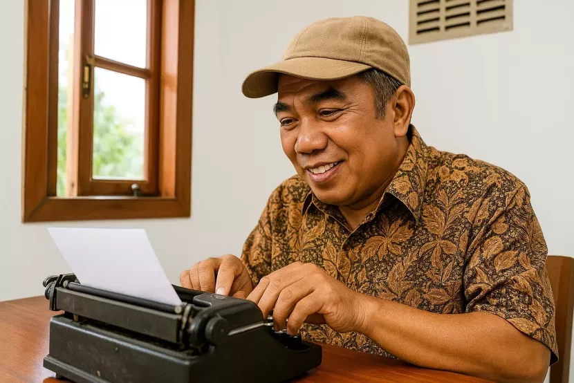 Penulis yang masih menggunakan mesin ketik. (FOTO: AI ChatGPT)