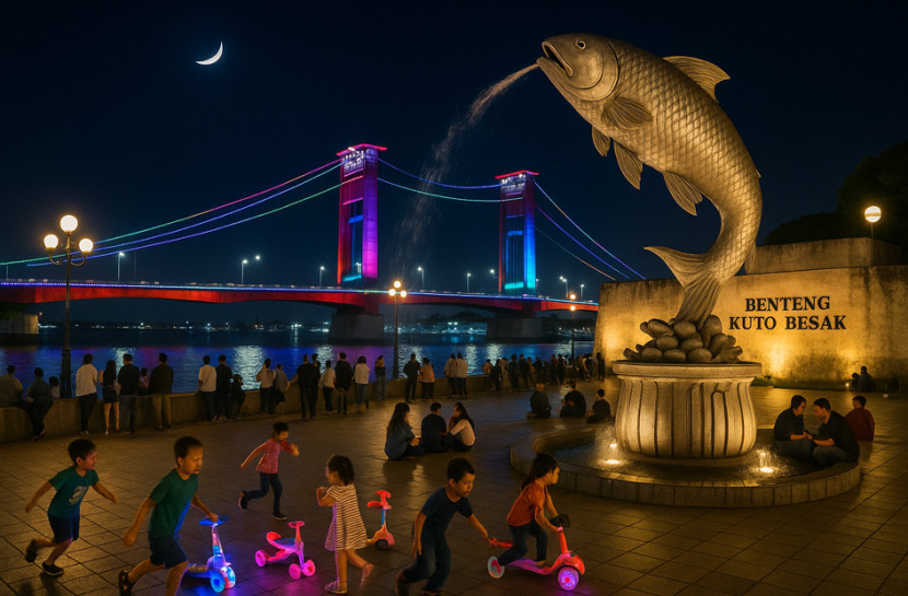 Ilustrasi Plaza Benteng Kuto Besak malam hari. (FOTO: AI)