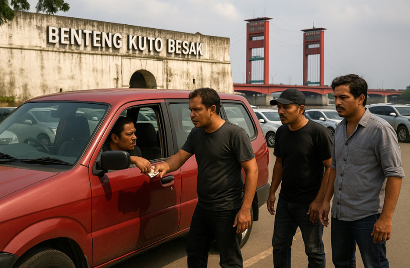 Ilustrasi premanisme dengan pemalakan uang parkir kepada pengunjungk Benteng Kuto Besak. (FOTO: AI)