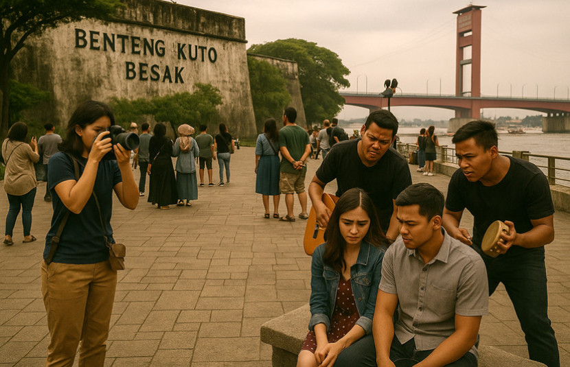 Ilustrasi pengamen di plaza Benteng Kuto Besak. (FOTO: AI)