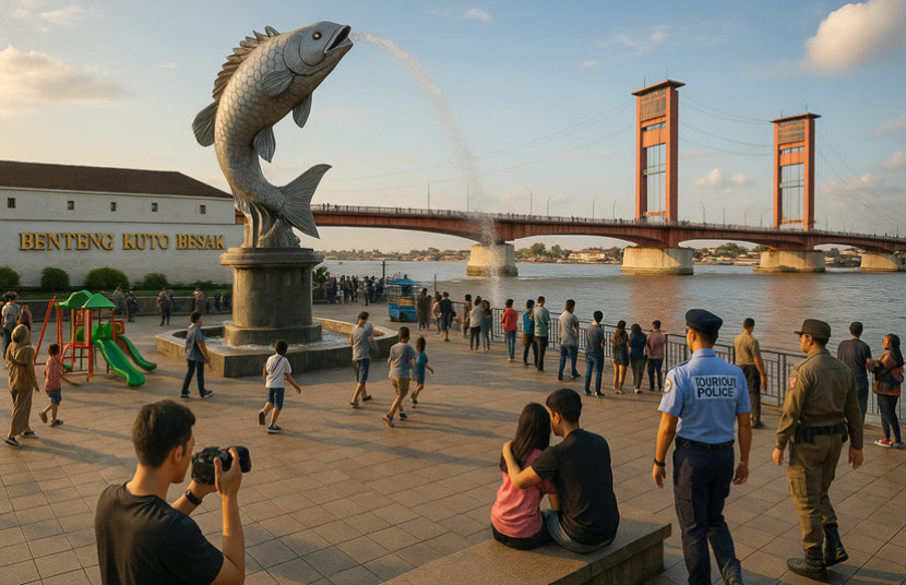 Ilustrasi patroli dari aparat keamanan di Benteng Kuto Besak. (FOTO: AI)