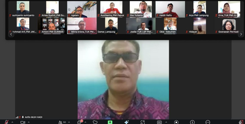 Rapat Koordinasi Tempat Uji Kompetensi (TUK) LSP PMI pusat secara daring melalui Zoom Meeting, Selasa (29/7/2025).