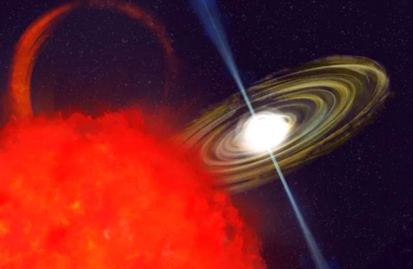 Gambaran artistik Long Period Transit, CHIME J1634+44, diyakini sebagai LPT paling terang dan paling terpolarisasi yang pernah ditemukan/NSF/AUI/NSF NRAO/P.Vosteen.