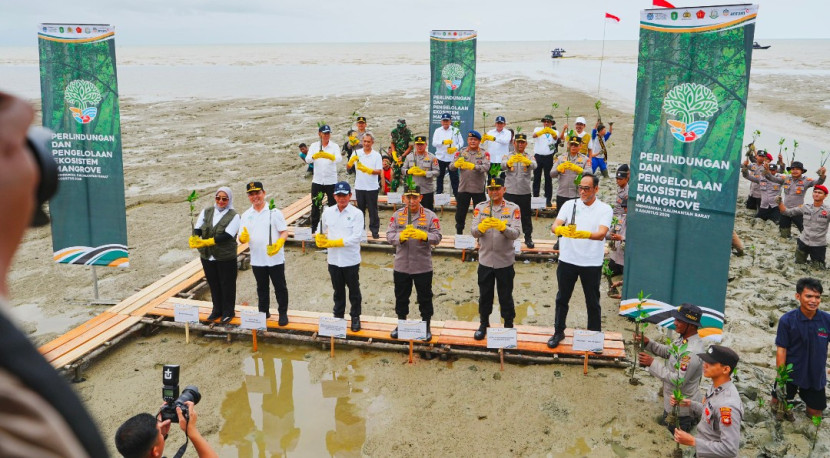 Kapolri Jenderal Listyo Sigit Prabowo didampingi Kapoda Kalbar Irjen Pol. Pipit Rismanto saat melakukan kegiatan penanaman mangrove di Mempawah, Kalimantan Barat (Kalbar), Jumat (08/08/2025). (Foto: Dok Humas Mabes Polri) 