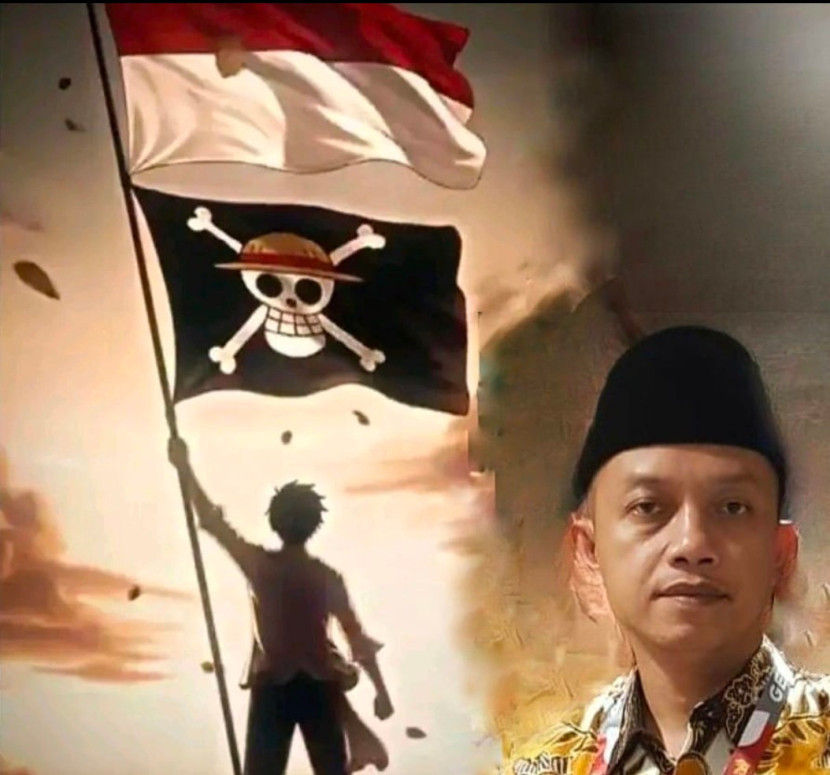Ilustrasi pengibaran bendera Merah Putih diatas bendera One Piece dan poto H.Ano Suksena. (Foto: Dok Eko Widiantoro)