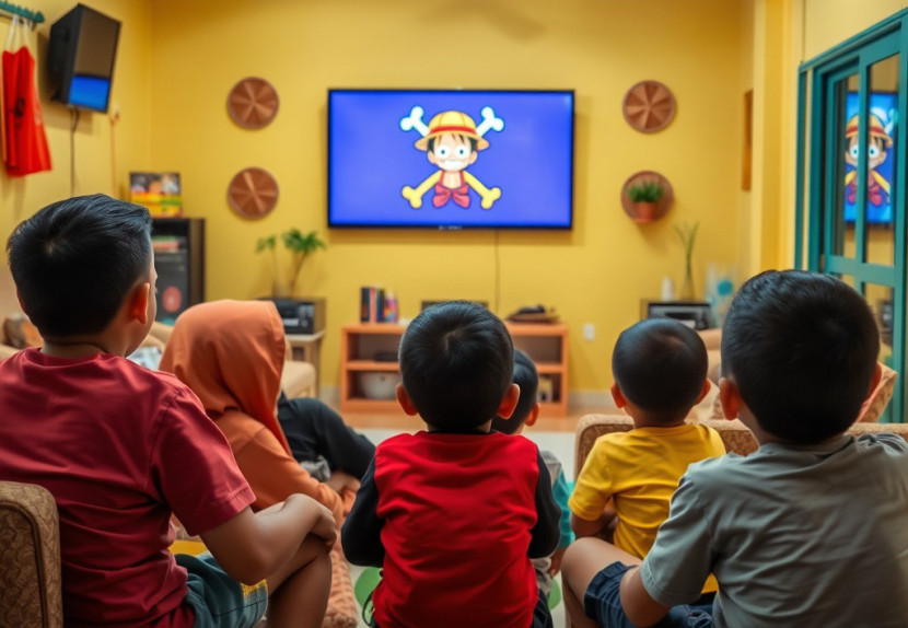 Ilustrasi anak-anak menonton animasi One Piece di televisi. (FOTO: AI)