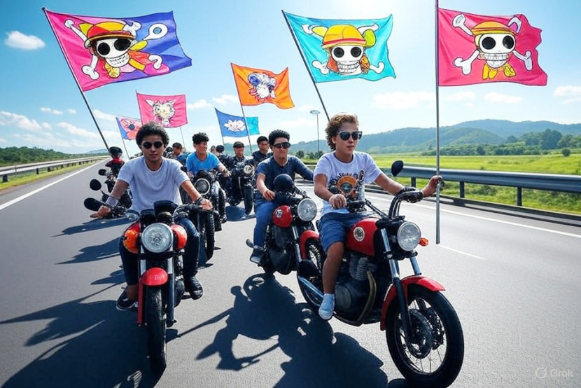 Ikustrasi Anak muda konvoi dengan motor mengibarkan bendera One Piece. (FOTO: AI)