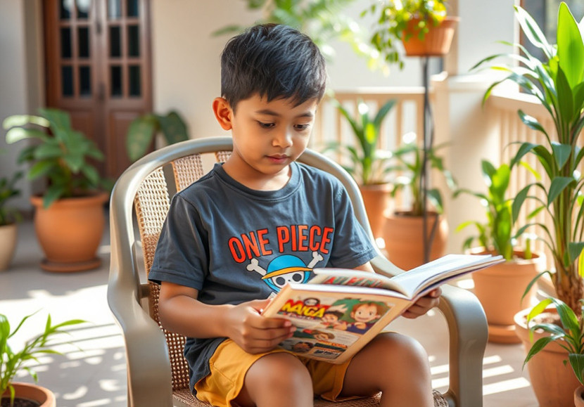 Ilustrasi anak membaca komik One Piece. (FOTO: AI)