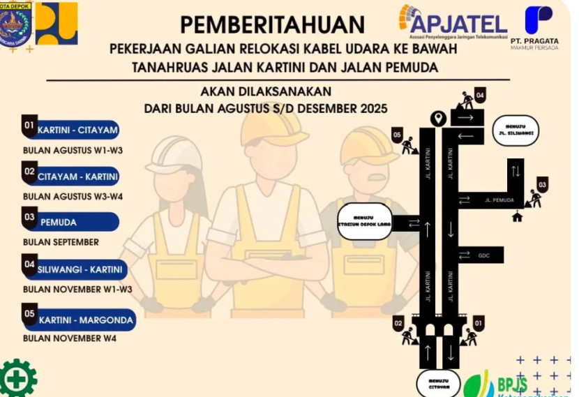 Flayer relokasi kabel udara di Jalan Kartini dan Jalan Pemuda, Kota Depok. (Foto: Dok RUZKA INDONESIA) 