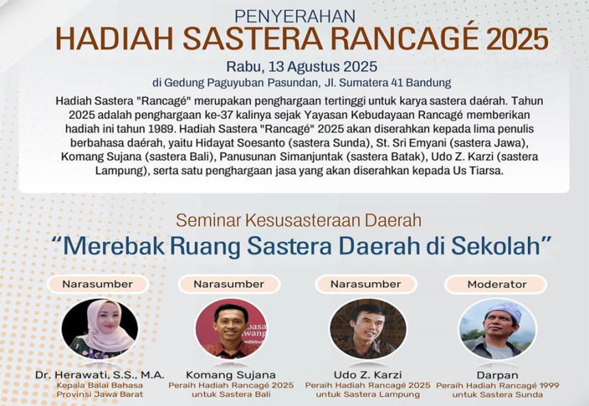 Penerima Hadiah Sastra Rancage 2025 dan Seminar Kesusasteraan daerah. (FOTO: IG @yayasanrancage)