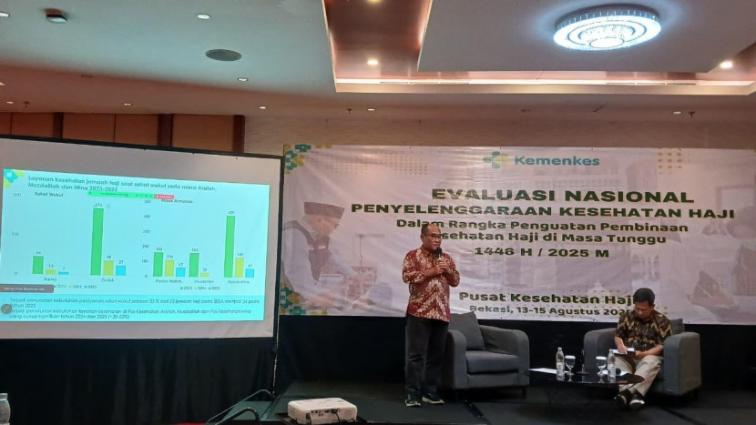Kepala Pusat Kesehatan Haji Kementerian Kesehatan, Liliek Marhaendro Susilo dalam sambutannya di dalam Pertemuan Evaluasi Nasional Penyelenggaraan Kesehatan Haji Tahun 1446H/2025M