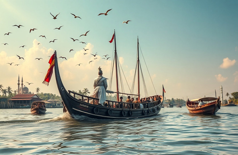 Ilustrasi lalu lintas di perairan sungai Musi masa lalu. (FOTO: AI)