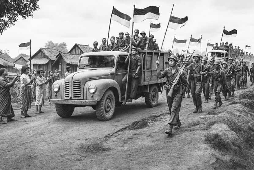 Ilustrasi setelah dari pertempuran para tentara pejuang memasuki kota disambut warga. (FOTO: AI)