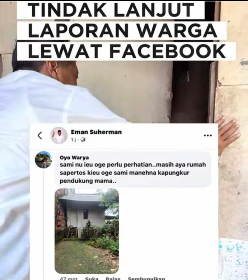 Postingan FB kunjungan Bupati Majalengka ke rumah bapak Iman Desa Gandawesi, Kecamatan Ligung , Kabupaten Majalengka. (Foto: Dok Eman Suherman FB)