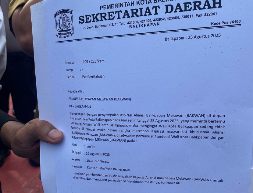 Surat audensi Aliansi BAKWAN dengan wali kota Balikpapan. (SekitarKaltim.ID)