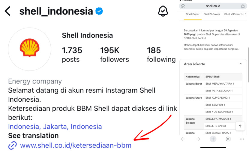 Akun Instagram Shell Indonesia Beserta Link Informasi Ketersediaan BBM di SPBU Shell (Doc. Motoresto).