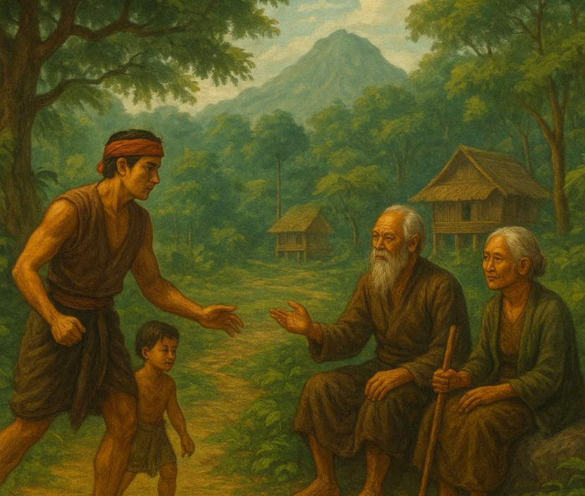 Ilustrasi Kambang bertemu leluhur Leuweung Kaso dalam sejarah Kasokandel. (Foto: ilustrasi Chat GPT)