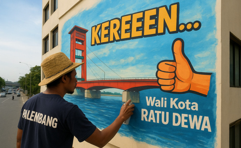 Ilustrasi Seniman melukis Mural di sebuah gedung. (FOTO: AI)