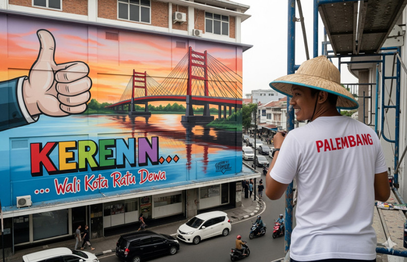 Ilustrasi pelukis tenga melukis mural. (FOTO: AI)