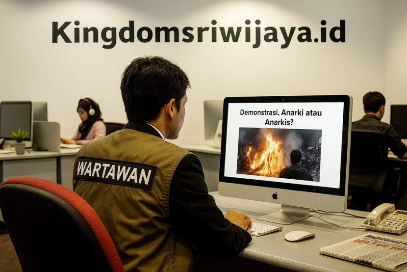 Ilustrasi Seorang wartawan di ruang redaksi tengah bersiap mengunggah berita demonstrasi sebagai perbuatan anarki atau anarkis. (FOTO: Aplikasi Imitasi)