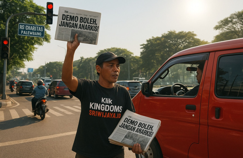 Ilustrasi pedagang koran menjajakan koran dengan mengusung koran dengan judul "Demo Boleh Jangan Anarkis". (FOTO: Aplikasi Imitasi)
