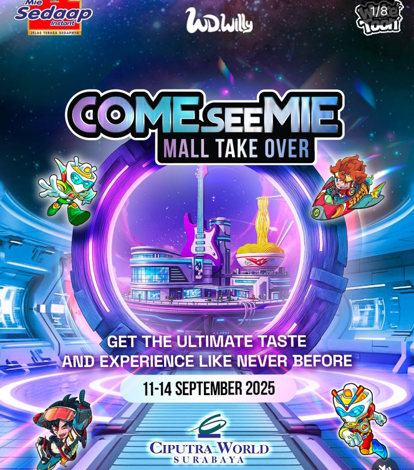 Flayer Mie Sedap Come See Mie 2025 – Mall Take Over, yang resmi dibuka di Ciputra World Surabaya dan akan berlangsung hingga 14 September 2025. (Foto: Dok RUZKA INDONESIA) 