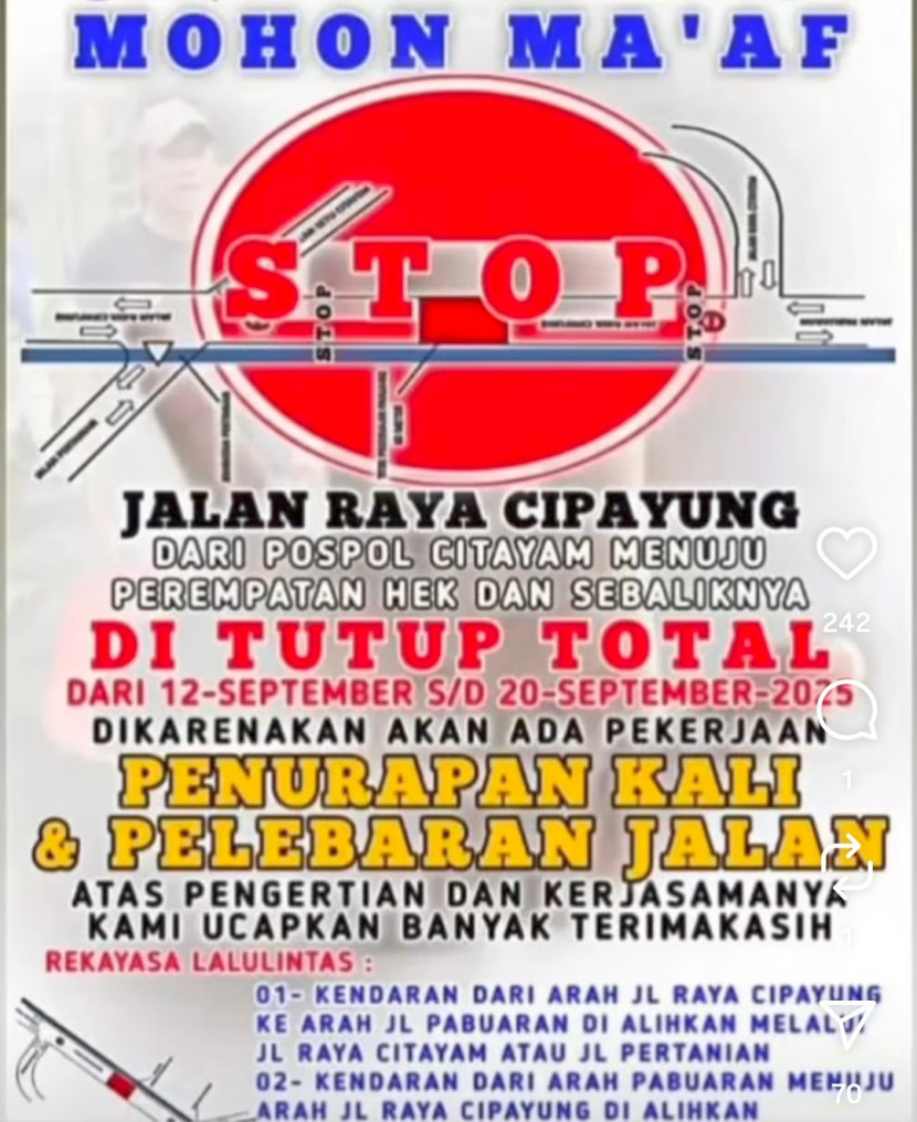 Flayer pengumuman penutupan jalan di Jalan Raya Cipayung, Kota Depok. (Foto: Dok RUZKA INDONESIA) 