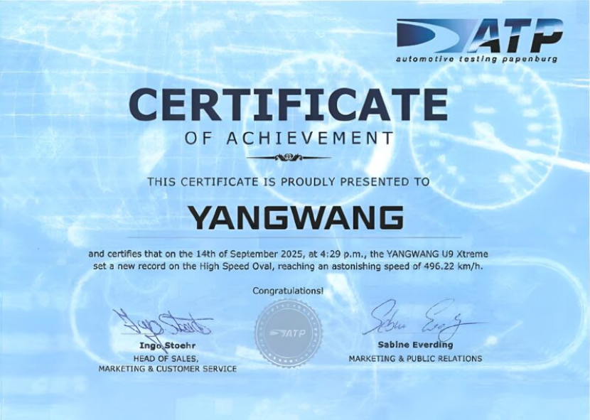 Kecepatan tertinggi Yangwang U9 Xtreme disertifikasi oleh ATP. (Foto: BYD)