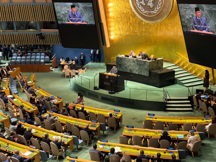 Presiden Prabowo Subianto berpidato dalam konferensi internasional di Gedung Majelis Umum Perserikatan Bangsa-Bangsa (PBB), New York, Amerika Serikat (AS) pada Senin (22/9/2025). (FOTO: BPMI Setpres)
