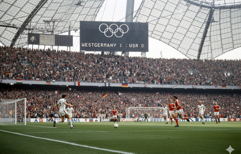 Ilustrasi pertandingan sepak bola Olimpiade Munich 1972. (FOTO: Aplikasi Imitasi)