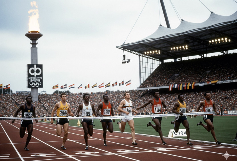 Ilustrasi pertandingan atletik Olimpiade Munich 1972. (FOTO: Aplikasi Imitasi)