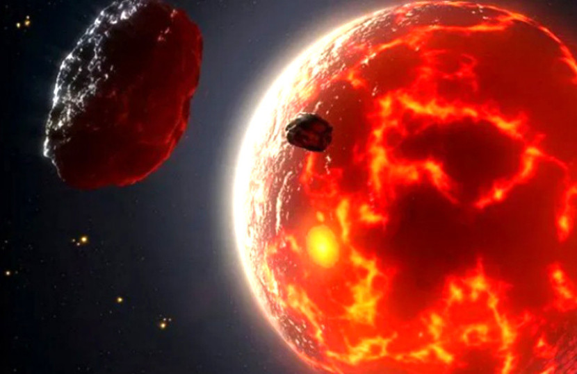 Ilustrasi ini menunjukkan sebuah planet cair dengan asteroid di dekatnya. Bumi kemungkinan besar mendapatkan airnya dari dua sumber: pelepasan gas selama fase samudra magma, dan pengiriman oleh asteroid dan komet/University of Sheffield/Mark Garlick.