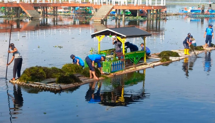 Eceng Gondok yang berhasil diangkat dari permukaan Situ Bagendit diangkut dengan menggunakan rakit bambu wahana wisata. (Foto: Dok Ridwan)