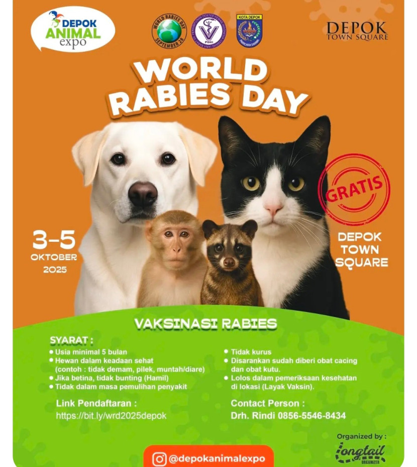 Flayer World Rabies Day, DKP3 Kota Depok gelar vaksinasi rabies gratis. (Foto: Dok RUZKA INDONESIA)