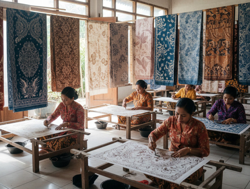 Ilustrasi Perempuan tengah membatik. (FOTO: Akal Imitasi)