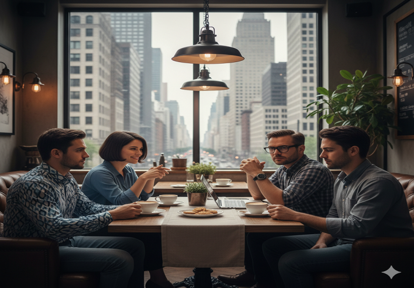 Ilustrasi 4 orang sahabat di Coffee Shop. (FOTO: Aplikasi Imitasi)