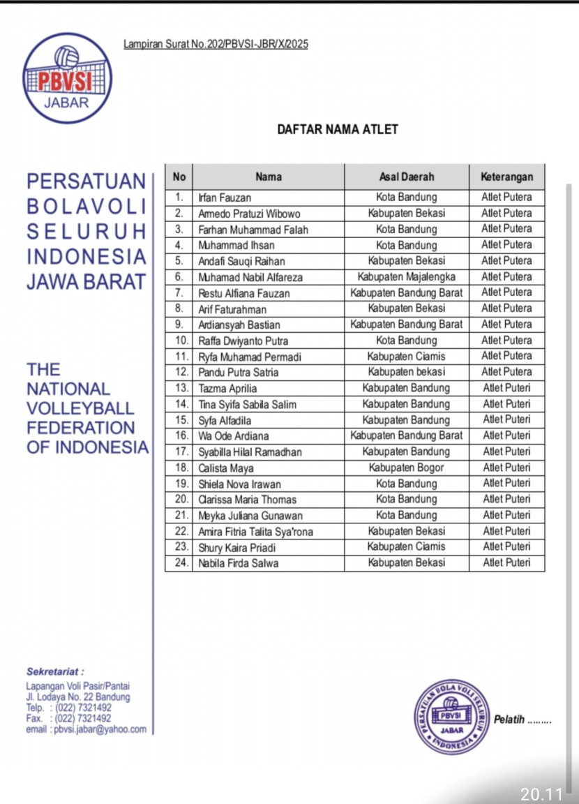 Skuad Lengkap Voli Indoor Popnas Jawa Barat 