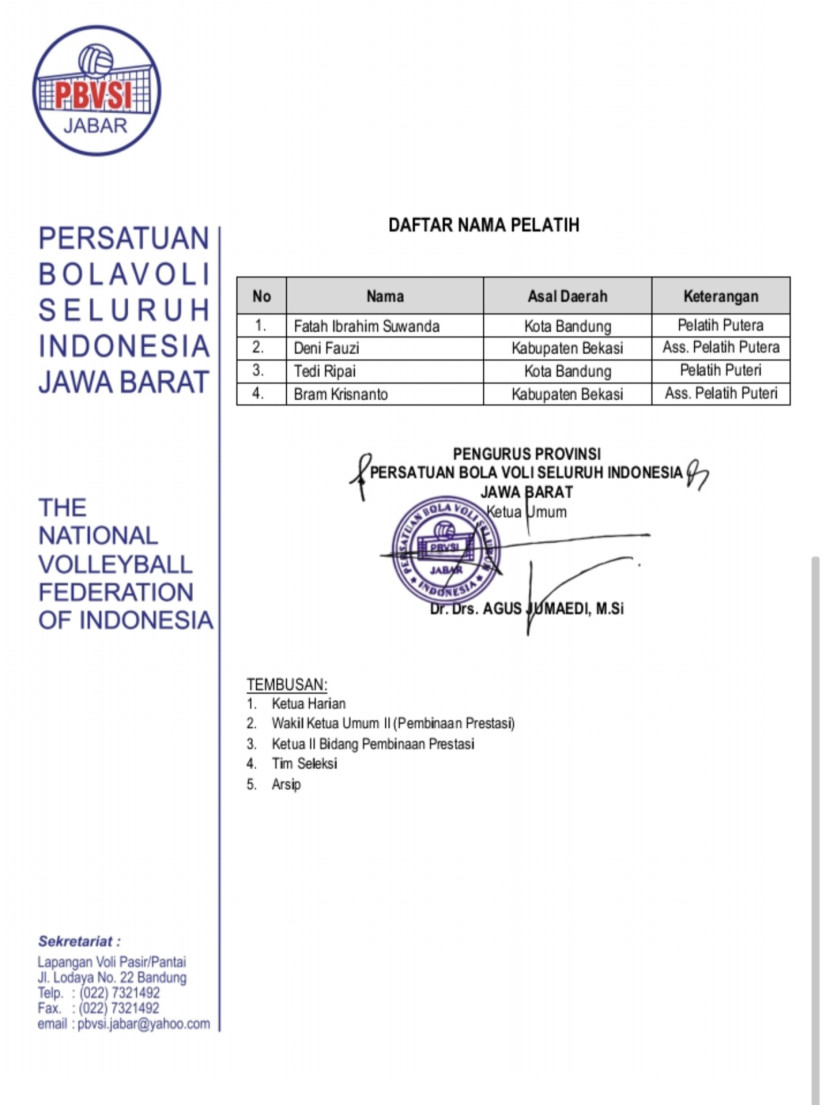 Pelatih Voli Indoor Popnas Jawa Barat 
