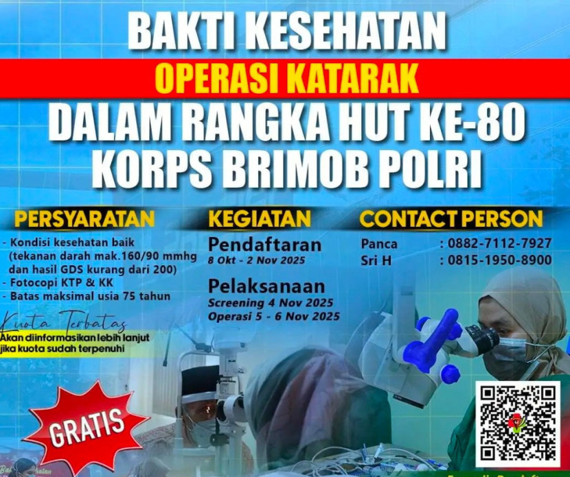 Flyer digital bakti kesehatan operasi katarak gratis bagi masyarakat fi RS Bhayangkara Brimob Kelapa Dua, Kota Depok. (Foto:RS Bhayangkara Brimob)