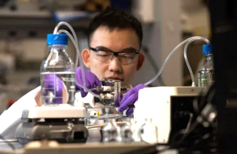 Mahasiswa doktoral Princeton, Lin Du, menguji elektrolisis hidrogen menggunakan air limbah daur ulang/Bumper DeJesus/Princeton University.