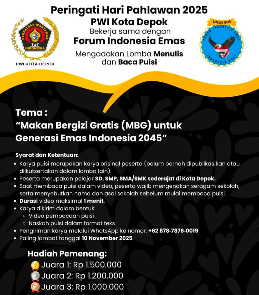 Flayer PWI Kota Depok gelar Lomba Menulis dan Membanca Pusisi untuk kalangan pelajar SD, SMP, SMA-sederajat di Kota Depok. (Foto: Dok RUZKA INDONESIA)