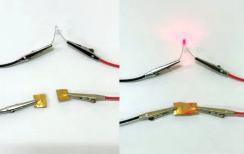  Konduktor yang dapat memperbaiki diri sendiri dapat menyambung kembali (kanan) ketika potongan-potongan yang telah terbelah disatukan kembali setelah dipotong (tengah)/Journal of the American Chemical Society (2025).