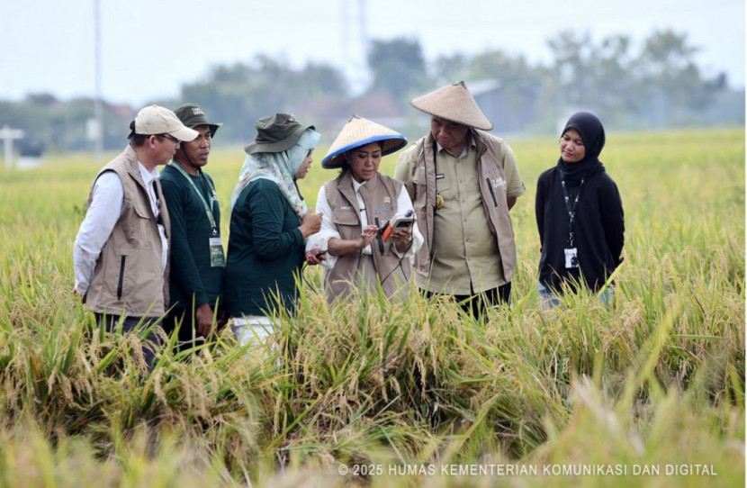 Menteri Komunikasi dan Digital Meutya Hafid dalam kegiatan Panen Tani Digital di Kabupaten Sragen, Rabu (5/11/2025).(Foto: Kemkomdigi)