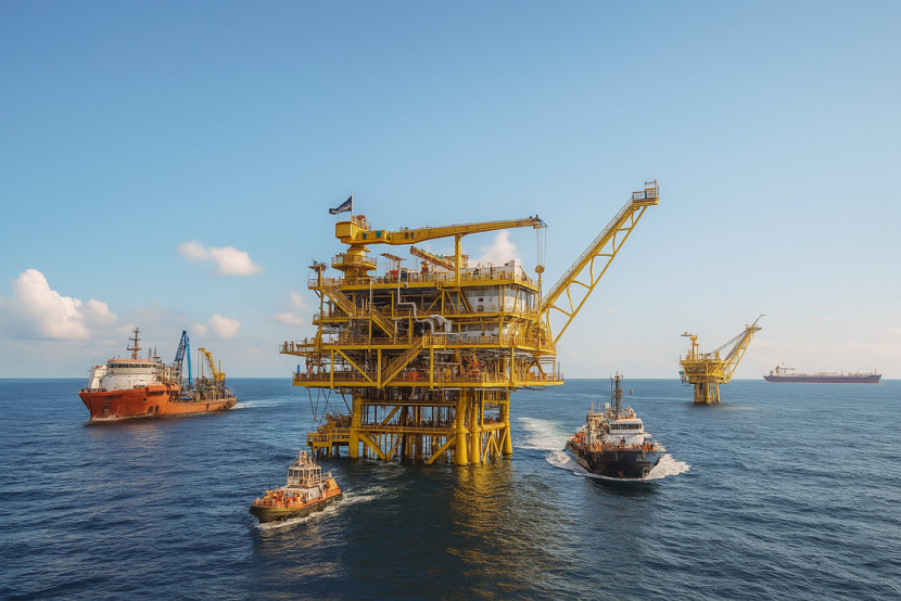 Ilustrasi Anjungan migas lepas pantai yang memproduksi minyak dan gas dari perut bumi. (FOTO: AI)