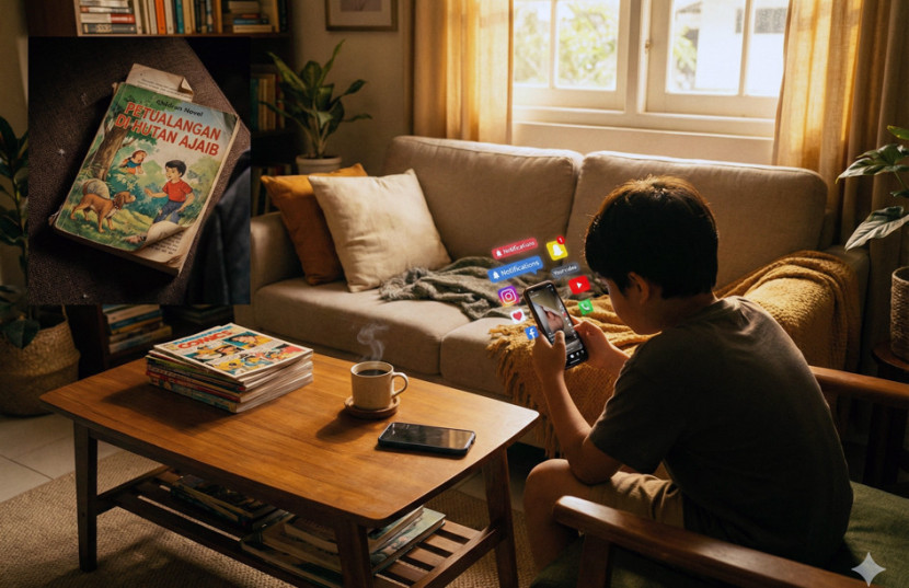 Belum tertular virus baca, masih asyik dengan ponselnya menonton video-video satu menit. (FOTO: AI)