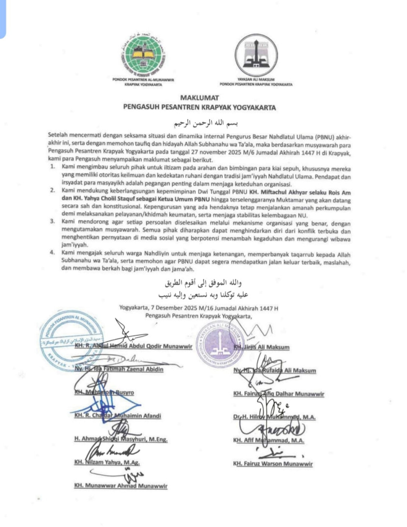 Surat Maklumat Pengasuh Ponpes Al Munawwir, Krapyak, Yogyakarta.
